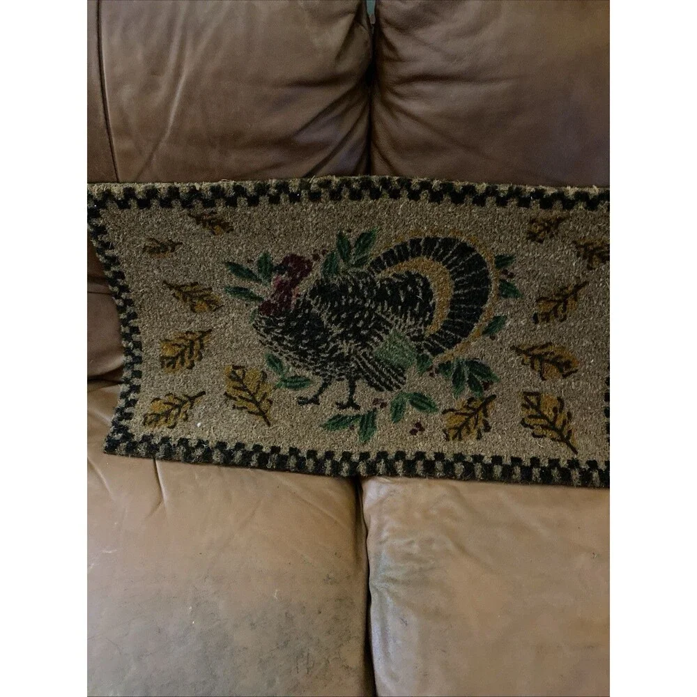 Thanksgiving Autumn Turkey Coir Hair Country Plaid Border Doormat 18”x30”